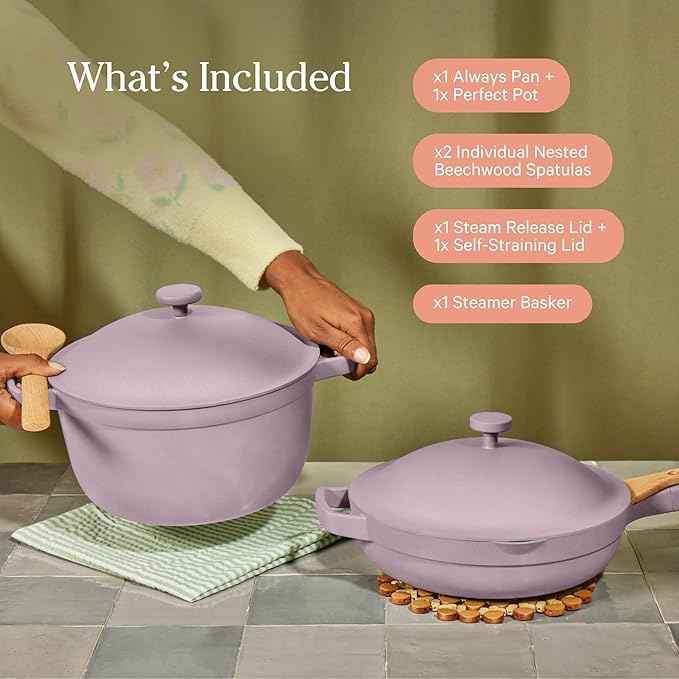 Our Place Cookware Duo | 7-Piece Ceramic Cookware Set with 10.5" Always Pan 2.0, 5.5 Qt Perfect Pot & Strainer Basket | Induction & Oven Safe up to 450°F | Nonstick, Non-Toxic Cookware | Steam