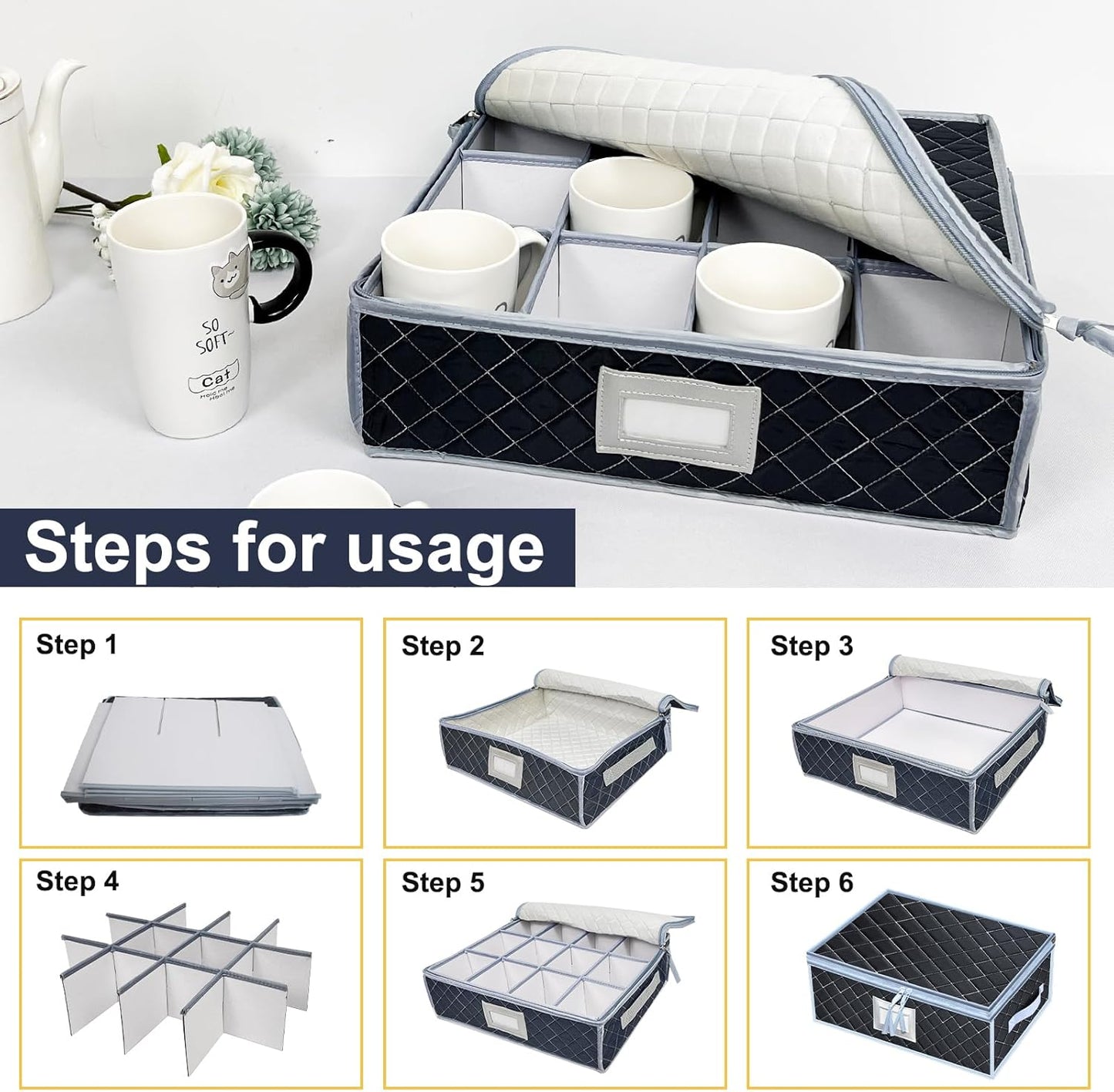 Wine Glass and Mug Storage Box with Dividers - 2 Pack China Storage Containers Set Holds 24 Glassware , StemwareïŒCoffee Mug and Tea Cup, Organizer Bin with Sturdy Metal Zipper,Label and Handles (Grey)