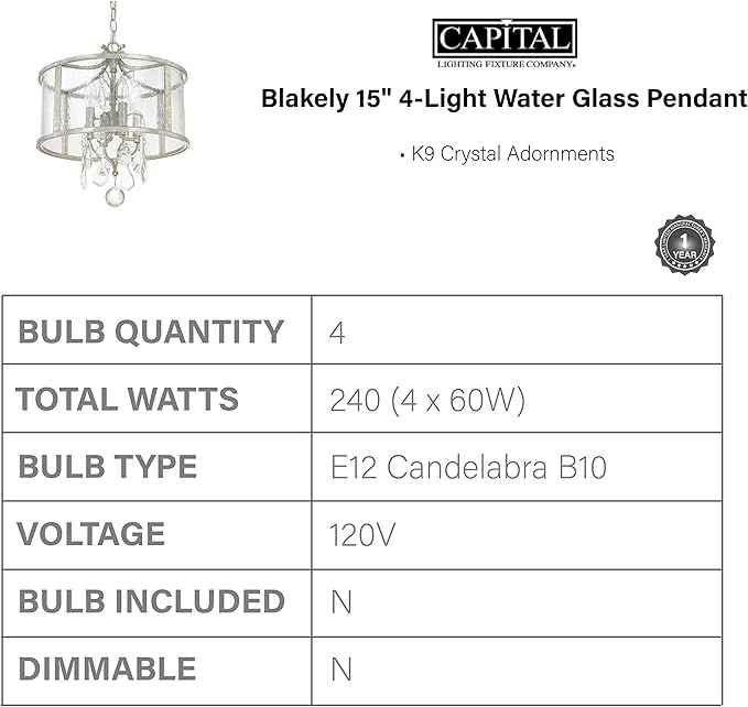 Capital Lighting 9484AS-CR Blakely Luxe K9 Crystal/Water Glass Drum Pendant, 4-Light 240 Total Watts, 17" H x 15" W, Antique Silver