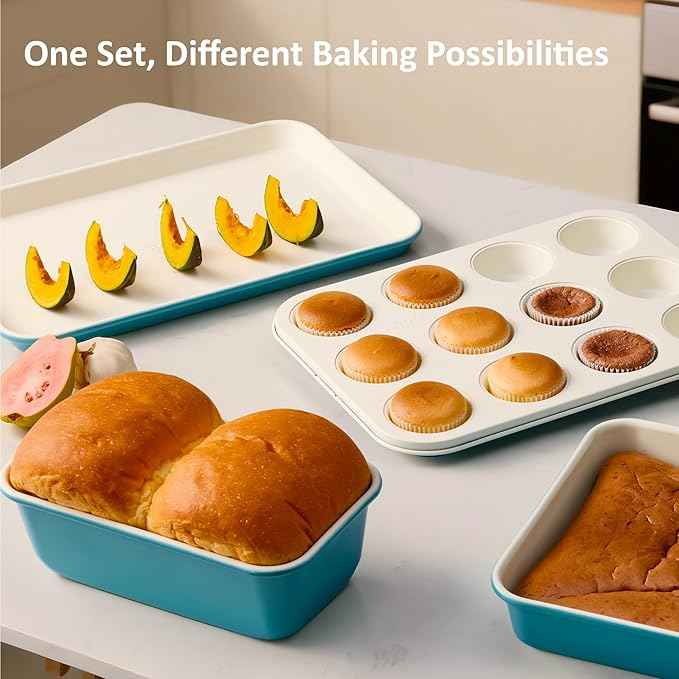 CAROTE 7-Piece Nonstick Ceramic Baking Pans Set - Bakeware Sets Including Cookie Sheets for Baking, Muffin Pan, Bread Pan, Cake pan, Loaf Pan, Roasting Pan, and Cooling Rack, LIght Blue & White