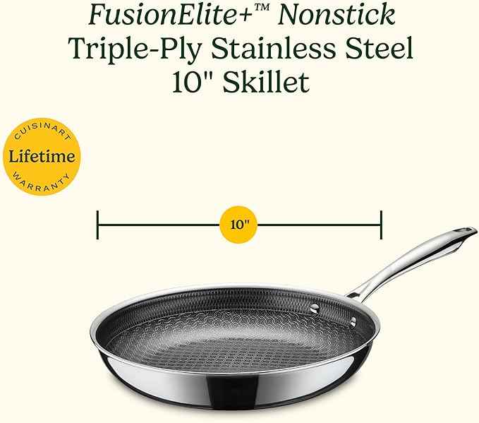 Cuisinart FusionElite+ Hybrid Nonstick Tri-Ply Stainless Steel Skillet, 10″ Skillet Frying Pan with PURELYSEAR Ceramic Nonstick Technology, Scratch Proof, Cool Grip Handles, Dishwasher Safe