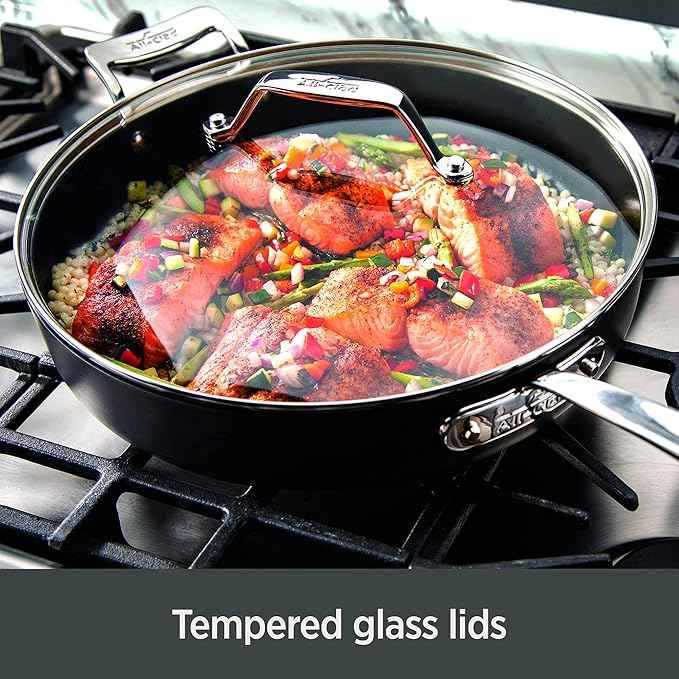 All-Clad Essentials Hard Anodized Nonstick Sauce Pan Set 4 Piece, 8, 10.25 Inch, 4 Quart Oven Broiler Safe 500F Pots and Pans, Cookware Black