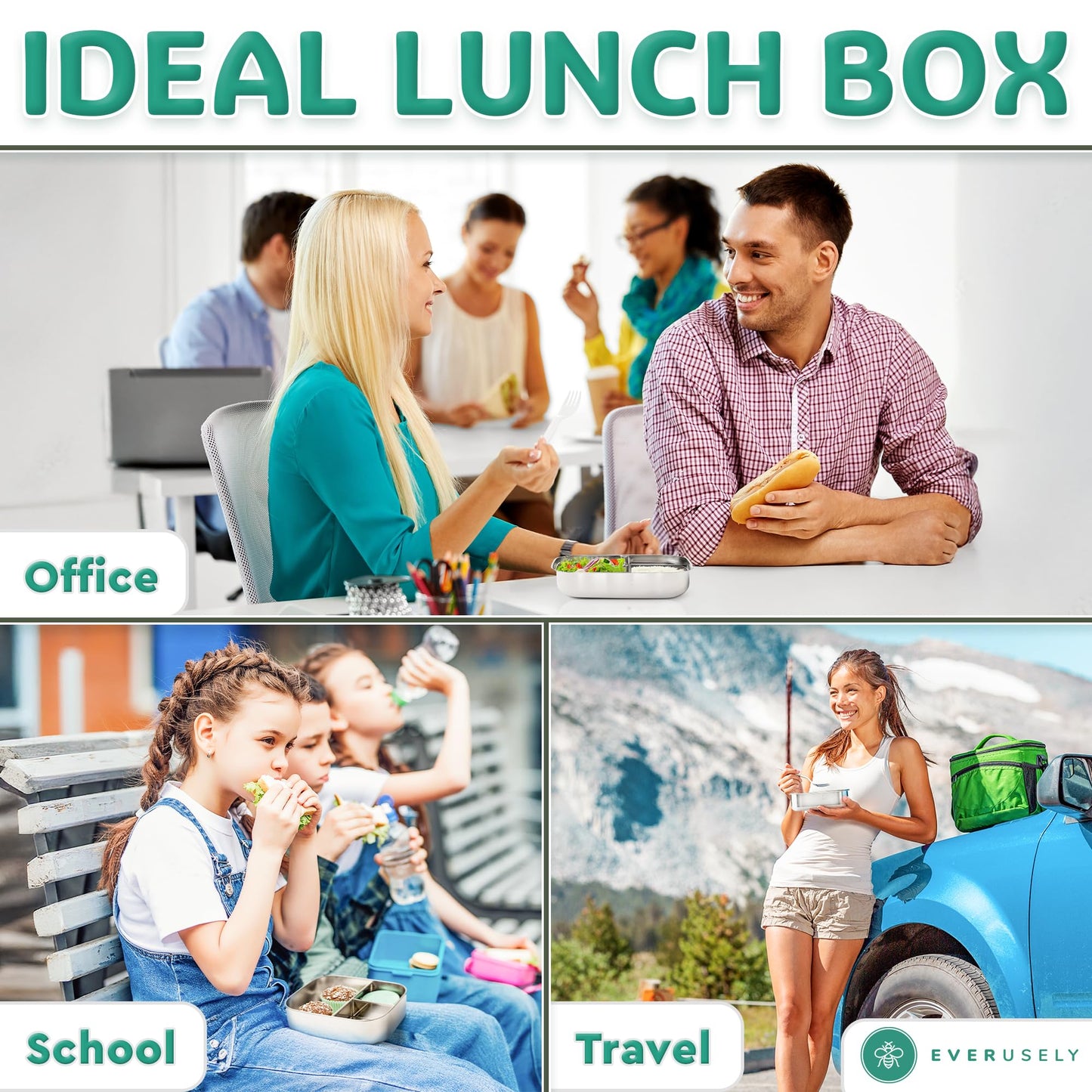 Stainless Steel Bento Box + Condiment Container (Green / 60oz / 1800ml)