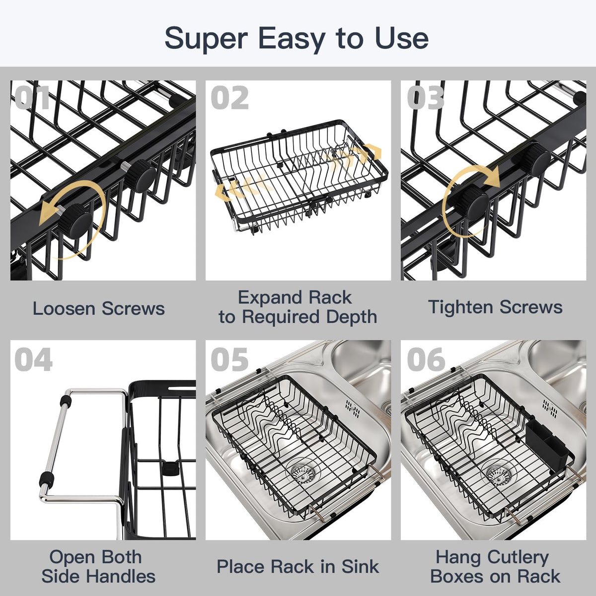 Expandable Dish Drying Rack Over The Sink with Anti Slip Grip (Black / For 13-30" W Sink)