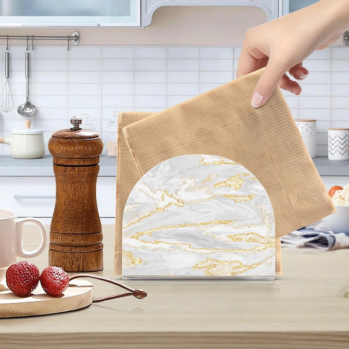 Gold White Marble Napkin Holder for Table Paper Napkins Holder Acrylic Tissue Dispenser Kitchen Dining Room Bathroom Party Car Decor