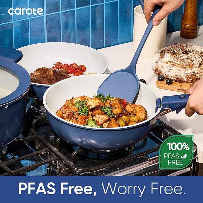 CAROTE 27pcs Ceramic Cookware Set Nonstick, Pots and Pans Set Non Stick, Non Toxic Cookware Detachable Handles, Dishwasher/Oven Safe, RV/Camping Cookware, Pan and Pot with Kitchen Utensils, Navy Blue