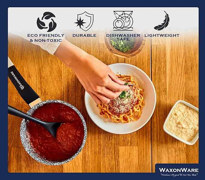Waxonware 7pc Nonstick Cookware Set, Granite Pots and Pans Set Nonstick - Dishwasher Safe and 100% PFOA & PTFE Free - Kitchen Pot and pan set - Stonetec Series