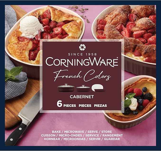 CorningWare Ceramic Bakeware Set with Lids, Chip and Crack Resistant Stoneware Baking Dish, Microwave, Dishwasher, Oven, Freezer and Fridge Safe, 6-Piece French Cabernet