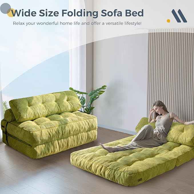 MAXYOYO Folding Sofa Bed, Convertible Sleeper Chair with Pilow Foldable Matress with Back Support, Portable Fold Out Chair Bed for Living Room Bedroom, Green Double