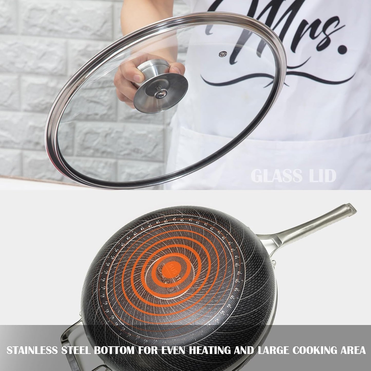 Wok Pan,Hybrid Nonstick 12 Inch Wok with Lid,Induction Non Stick Stainless Steel Large Deep Woks&Stir-Fry Pans,Frying Pan,Stay-Cool Handle Skillets,PFOA Free,12 Inch Wok