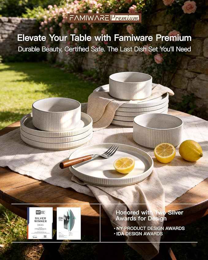 24-Piece Dinnerware Set for 8, Famiware Premium Stoneware Dish Set with Ribbed Plates and Deep Bowls, Double Reactive Glaze, Chip & Scratch Resistant, Microwave & Dishwasher Safe, Matte Reactive White