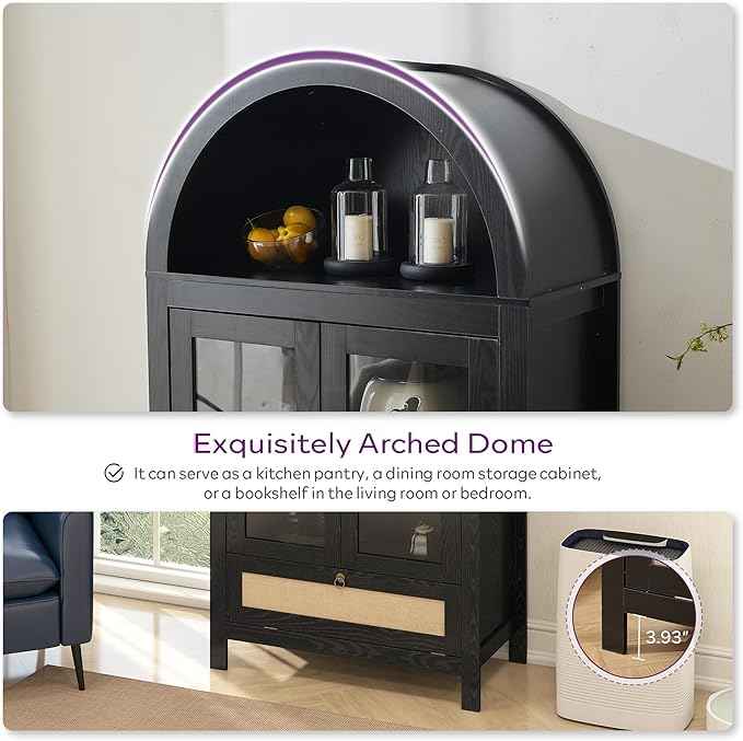 TYBOATLE 71" Tall Arched Pantry Cabinet with Innovative Drawer, Kitchen Cabinet with Anti-Tipping Device and Glass Door, Versatile Cupboard for Kitchen, Dining, Black