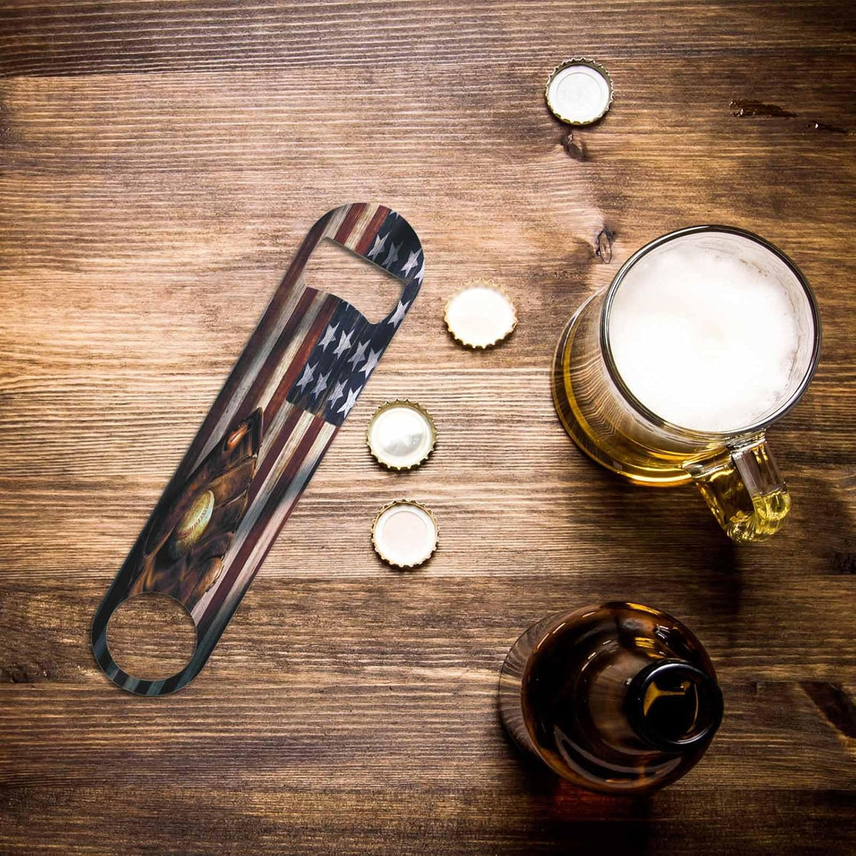 Baseball Gloves Stainless Steel Bottle Opener Vintage American Flag Baseball League Equipment Grunge Glove Flat Beer Bottle Opener Keychain for Home Kitchen Bar Restaurant Party Birthday Gift