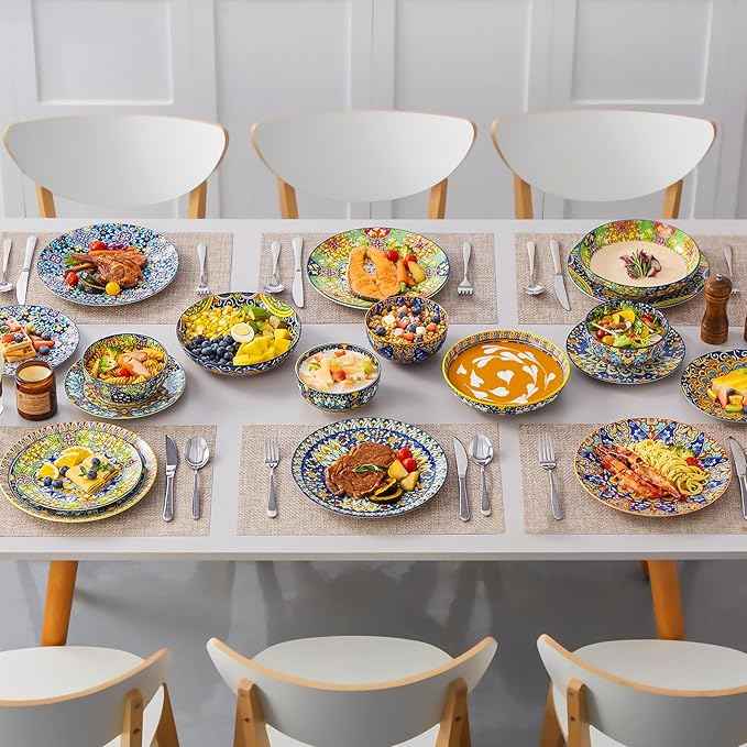 vancasso 24 Pieces Dinnerware Sets, Plates and Bowls Set, Porcelain Dishes Set for 6, Microwave and Dishwasher Safe, Scratch Resistant, Bohemian Style Dining Ware Service for 6, Series SIMI