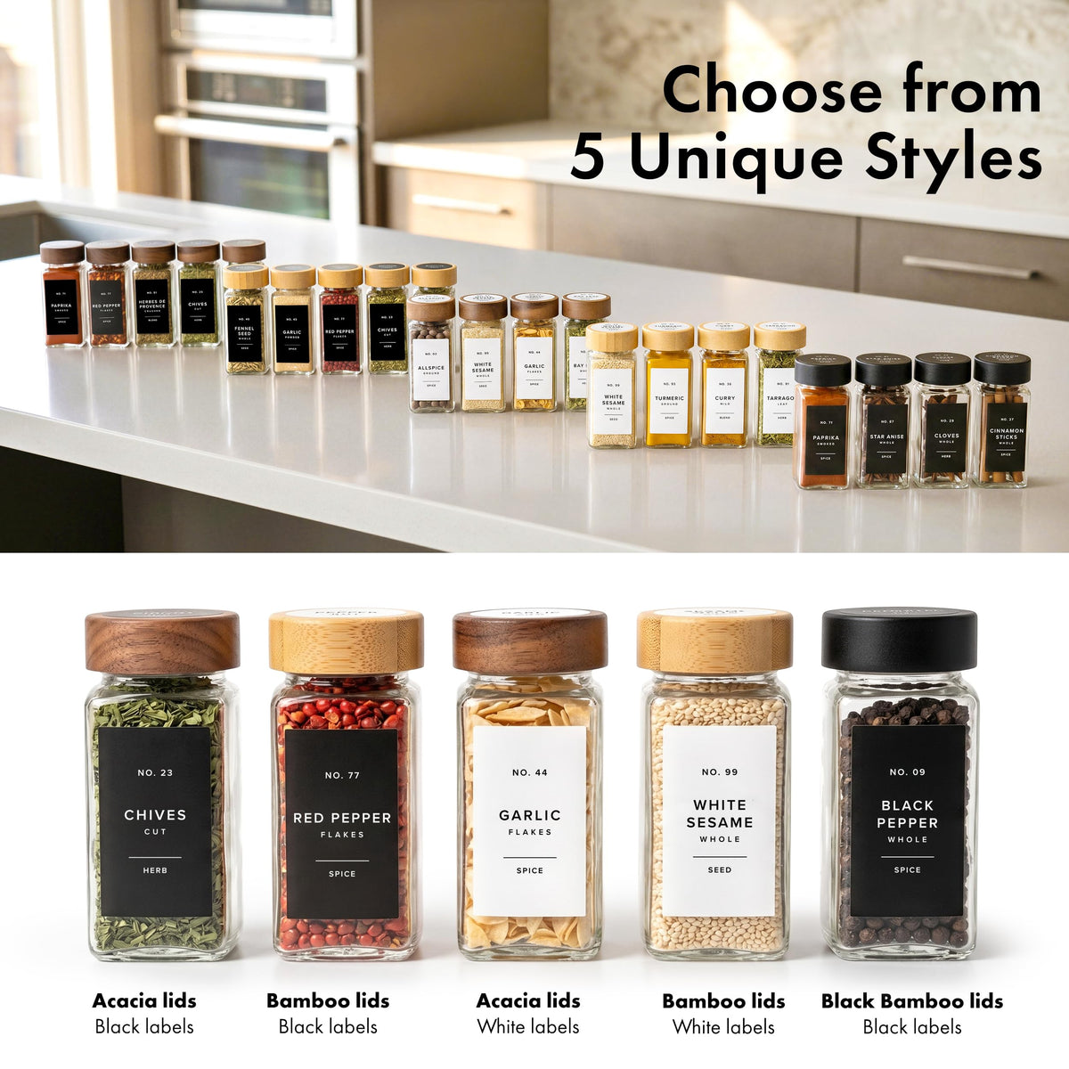 Glass Spice Jars with Label (36x Bamboo Jars Black Stickers)