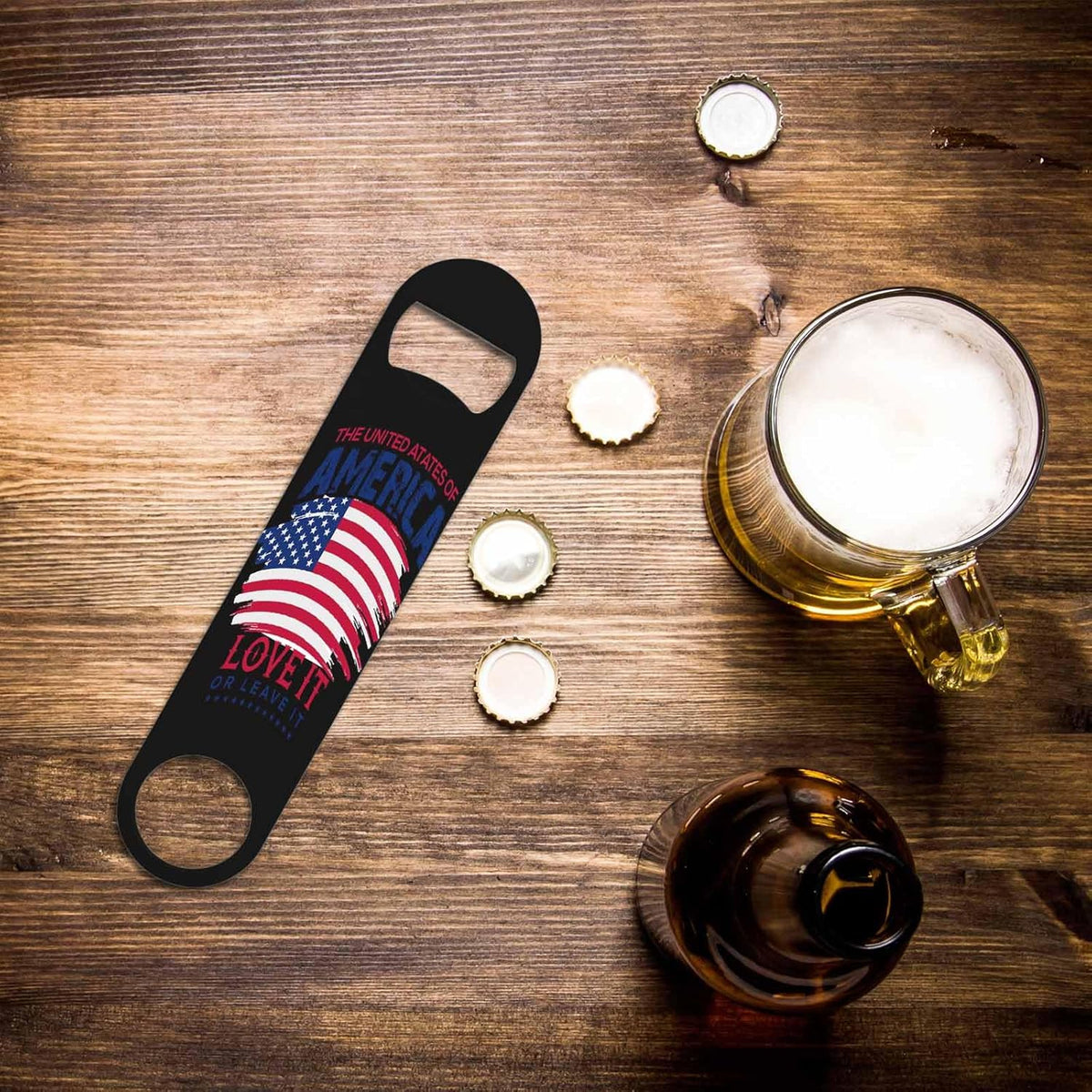 Flag Design Stainless Steel Bottle Opener The United States of America Love It or Leave It Love America Flat Beer Bottle Opener Keychain for Home Kitchen Bar Restaurant Party Birthday Gift