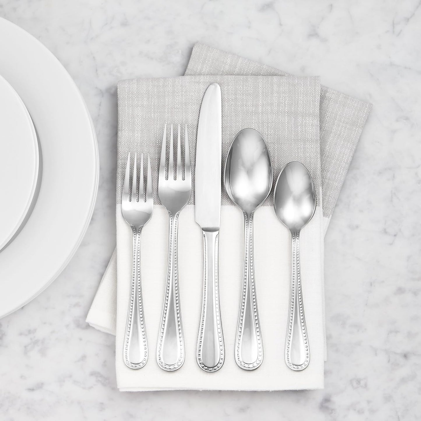 Amazon Basics Stainless Steel Dishwasher Safe Dinner Spoons with Pearled Edge, Large Tablespoons, 7.7 inches, Pack of 12, Silver