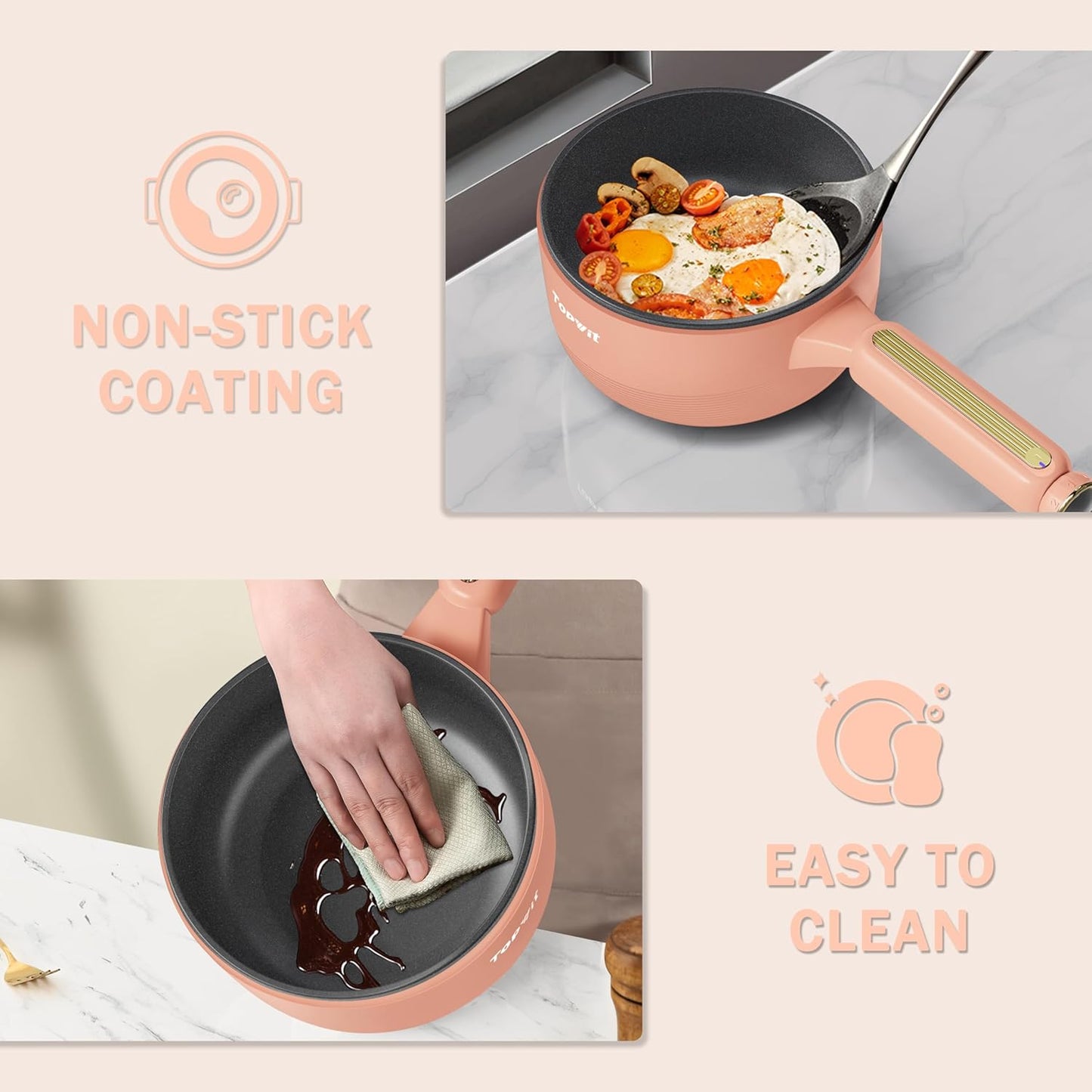 TOPWIT Hot Pot Electric, đđ Electric Pot, Non-Stick Portable Cooker, Portable Hot Pot, SautĂ© Pan for Steak, Egg, Fried Rice, Ramen, Soup with Dual Power Control (Silicone Spatula Included), Peach