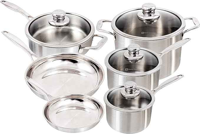 Swiss Diamond Premium Clad 5-Ply Stainless Steel 10 Piece Cookware Set with Satin Exterior Finish, Induction Compatible Stainless Steel Pots and Pans Set - Oven and Dishwasher Safe
