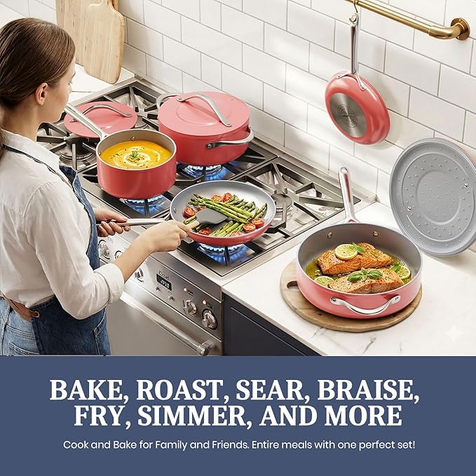 CookinCraze Ceramic Cookware Set, Pots and Pans Set Nonstick with Lid PFAS & PFOA Free, Induction Compatible Oven Safe Up to 500°F Even Heat Distribution, Coral Red
