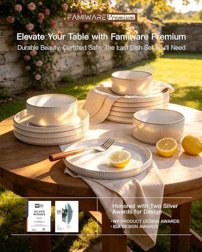 Stoneware Dinnerware Sets, Handcrafted Double Reactive Glaze Plates and Bowls for Everyday & Formal Dining, Microwave & Dishwasher Safe, Scratch Resistant Dishes for 4 (12-Piece), Cappuccino White