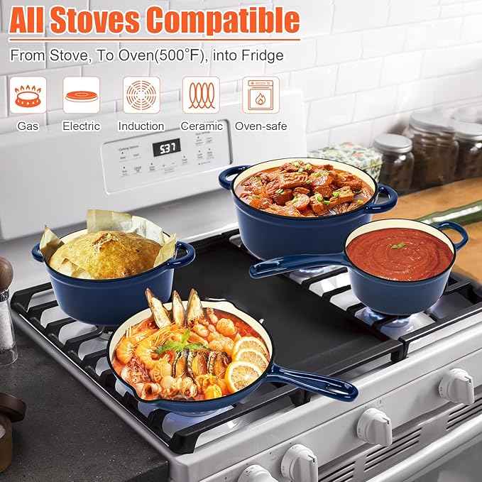 QuliMetal Nonstick Enameled Cast Iron Cookware Set, 5-Piece Pots and Pans Set with Lids, Dutch Oven, Saucepan and 3 Skillets, for All Stovetops, Oven Safe to 500°F