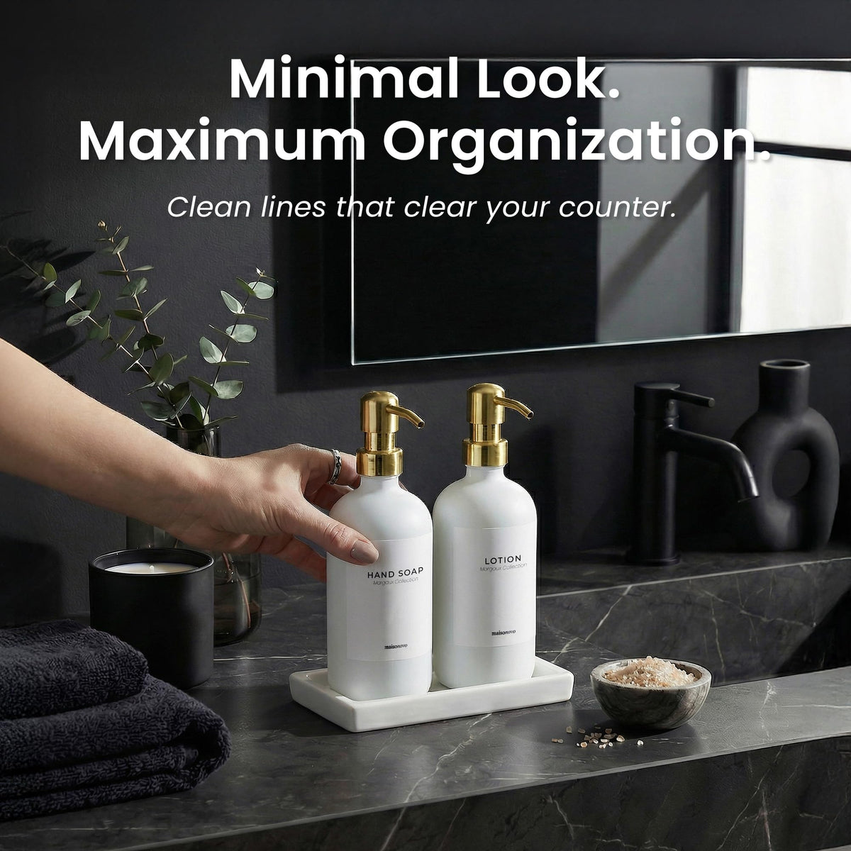 Bathroom Soap Dispenser Set (White Bottles Golden Pumps White Tray)