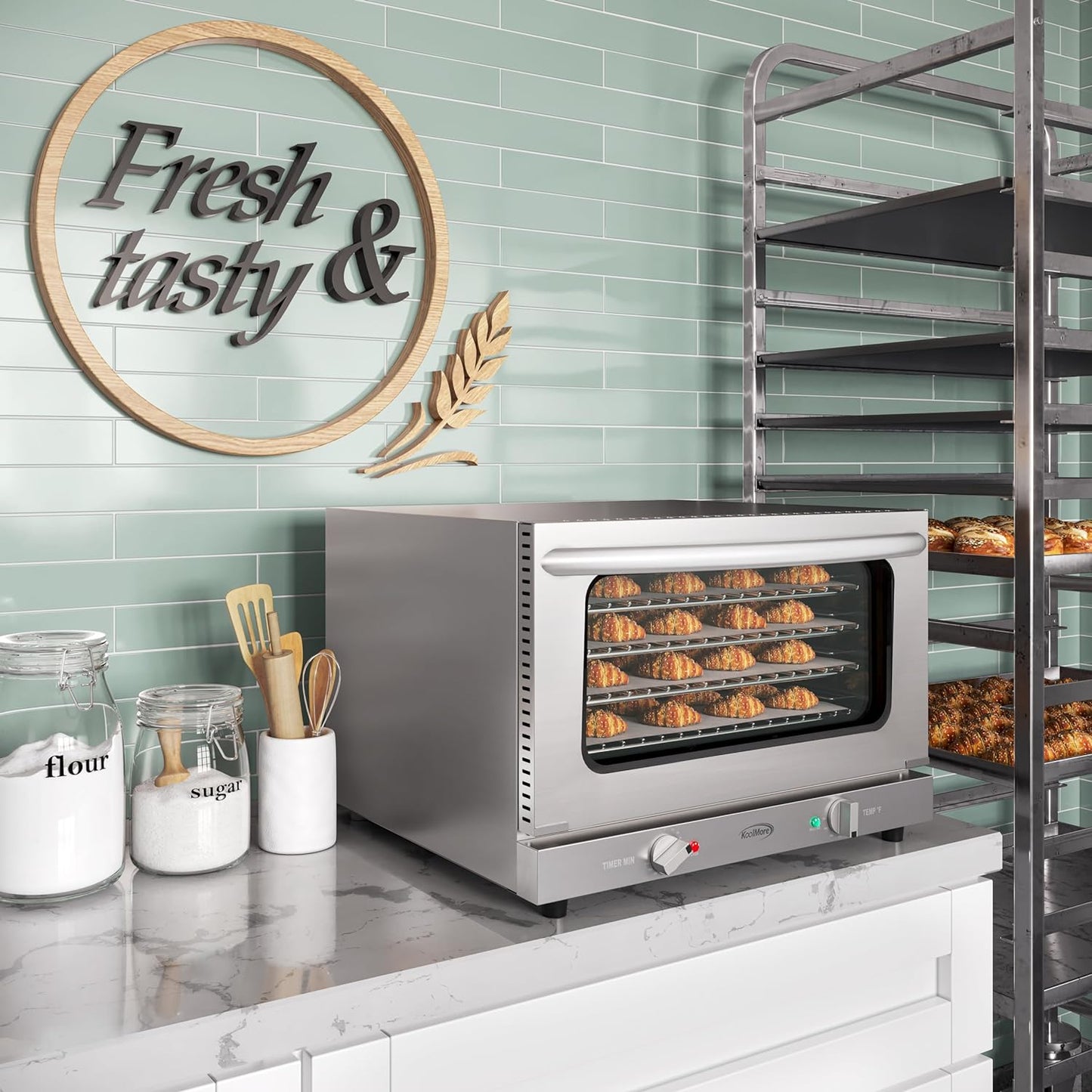 KoolMore 23 in. Commercial Countertop Convection Oven for Half-Size Pans with 4 Racks 1600W of Power in Stainless-Steel, ETL Listed for Safety and Sanitation (KM-CTCO-15)