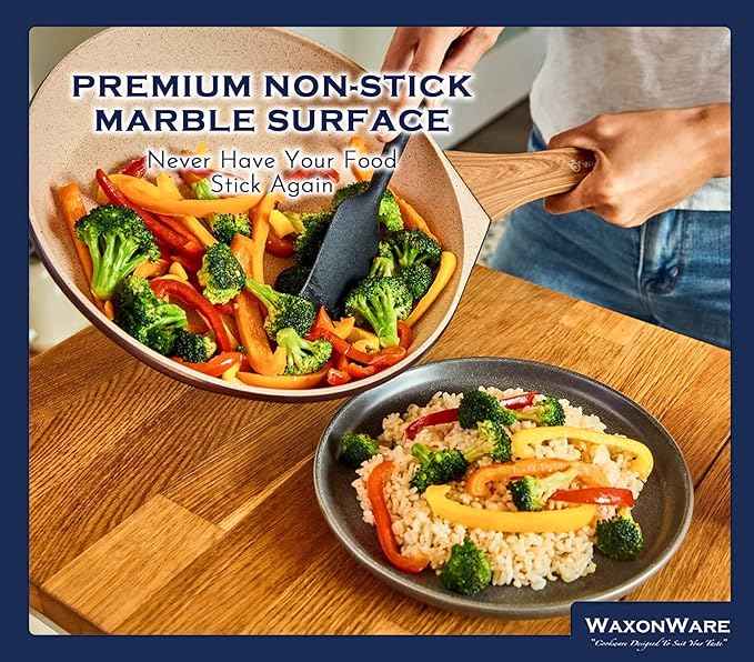 Waxonware 7pc Kitchen Pots and Pans Set Non stick German Coated, Kitchen Cookware Set Premium - Dishwasher Safe and 100% PFOA and PTFE Free - Induction Cooking Non Stick Pots and Pan Set - Marbellous