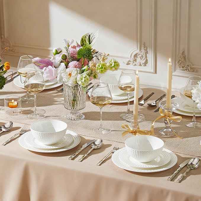 KINGSTONE Bone China Dinnerware Set, 24-Piece White Lightweight Porcelain for 8, Plates and Bowls with Rhombus patterned edge design, Microwave and Dishwasher Safe, for Family, Restaurant, Gifting
