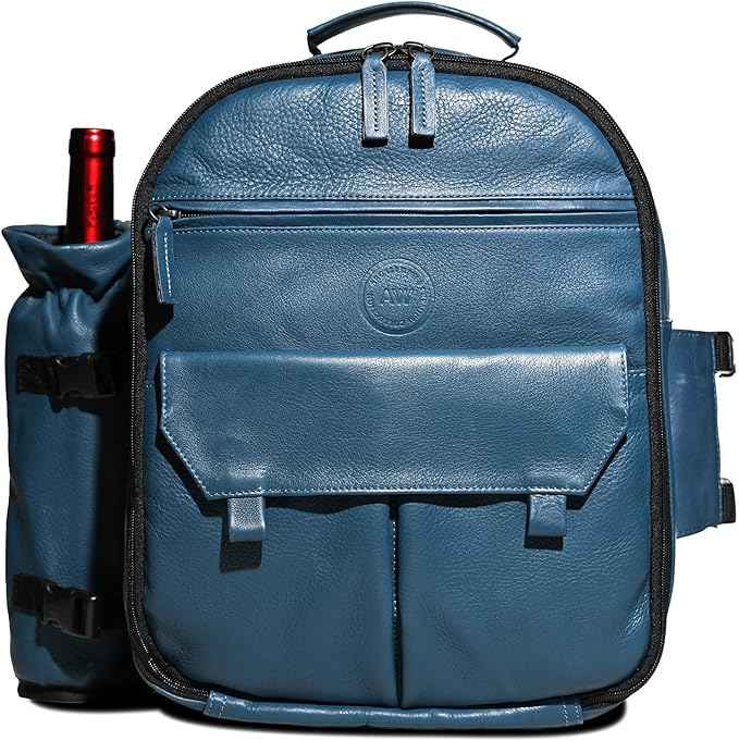 Premium Collection Genuine Leather Picnic Backpack for 4 | Insulated Compartment | Blanket | Dinner Plates | Cutlery Set | Blue