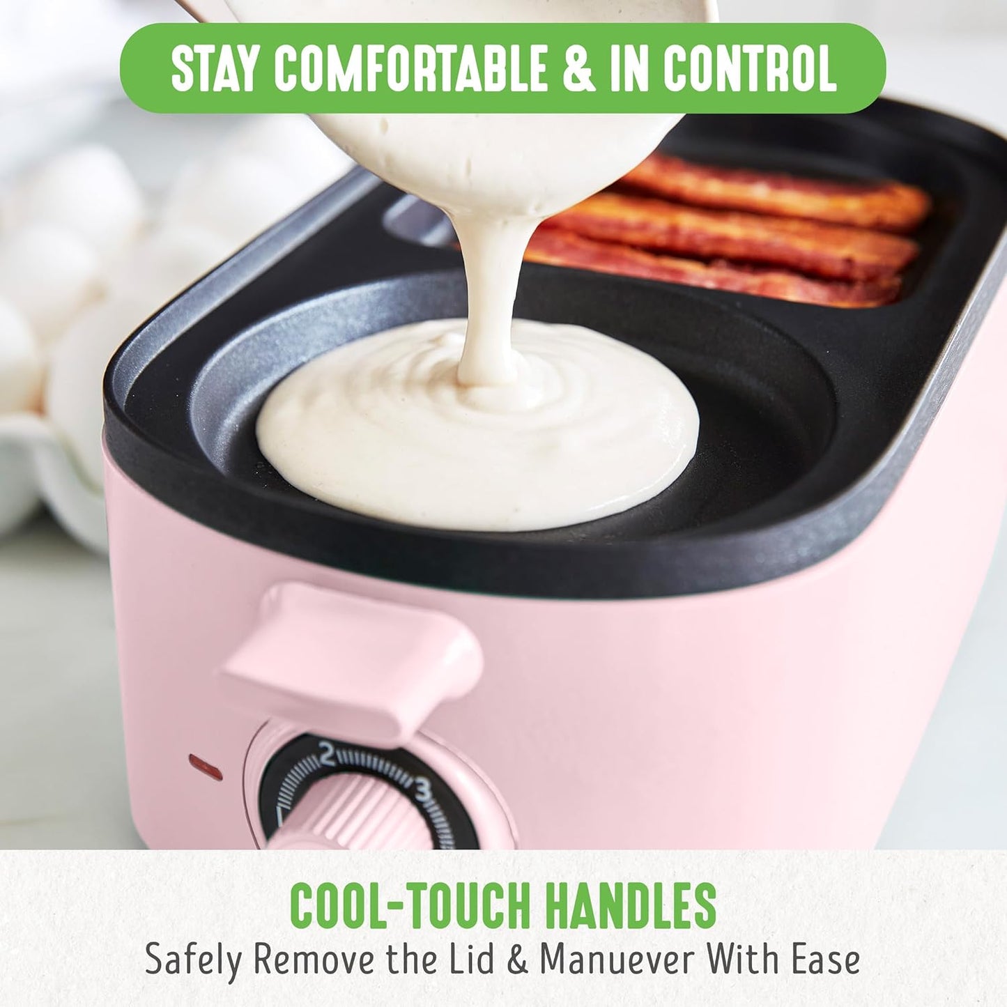 GreenLife 3-in-1 Breakfast Maker Station, Healthy Ceramic Nonstick Dual Griddles for Eggs Meat Sausage Bacon Pancakes and Breakfast Sandwiches, 2 Slice Toast Drawer, Easy-to-use Timer, Pink
