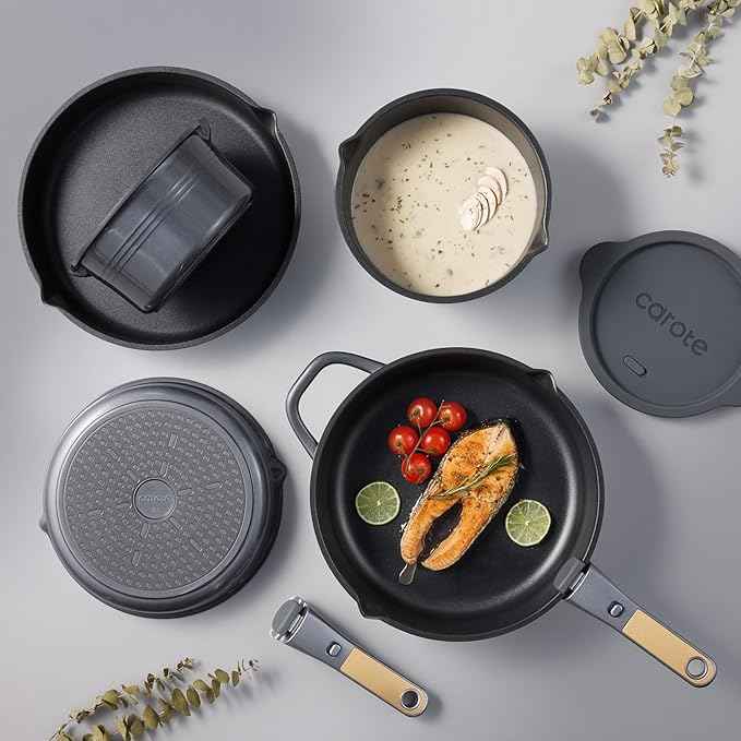 CAROTE 17Pcs Titanium Pots and Pans Set, Cookware Set Nonstick, Kitchen Cooking Set with Detachable Handle, RV/Camping Cookware, Dishwasher/Oven Safe, Grey