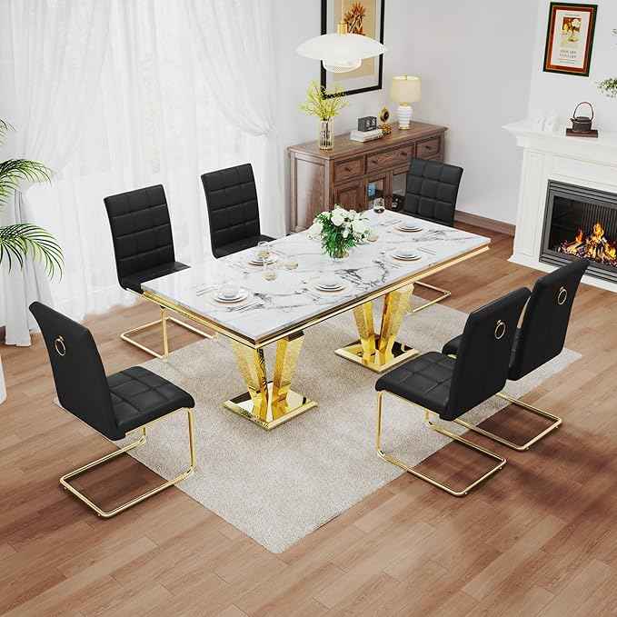 7 Piece Luxury Dining Room Set, Modern Dining Table and Upholstered Chairs Set, Marble Kitchen Table Set for 6, Big Kitchen Dinner Tables Kit with Silver Base