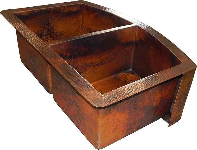 Rounded Apron Front Farmhouse Kitchen Double Bowl Mexican Copper Sink 50/50