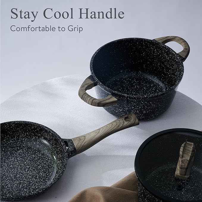 Ceramic Cookware Set 22 Piece Nonstick Pots and Pans Set Non Stick Kitchen Cooking Sets 8"Frying Pans with Lid,Black Granite Non-Toxic Induction Kitchen Cookware w/Glass Lids PFOS/PFOA-Free