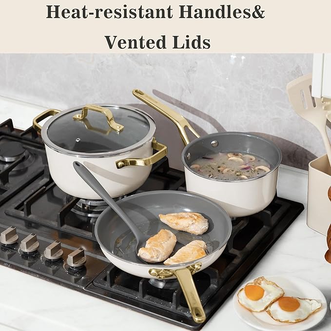 7-Piece Ceramic Nonstick Cookware Set with Lids - PFAS/PTFE/PFOA Free, Interior & Exterior Ceramic Coating -Easy to Clean- Kitchen Storage-All Stovetop Compatible & Oven-Safe up to 480°F