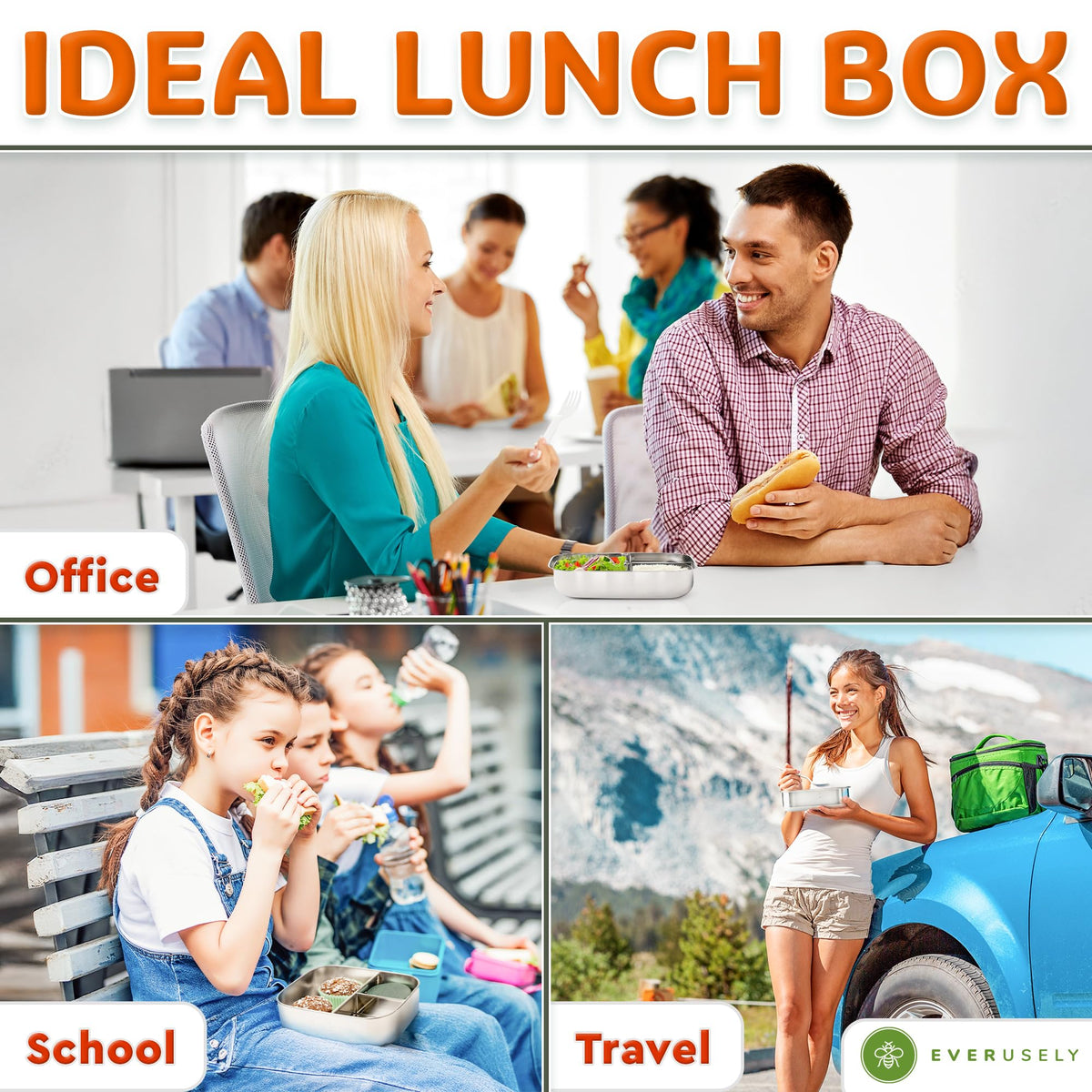 Stainless Steel Bento Box + Condiment Container (Orange / 27oz / 800ml)