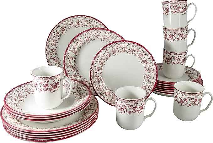 Tudor Royal 24-Piece Round Dinnerware Set, Service for 6, Aster Pink Design, Red Floral, Plates Bowls Mugs Dishes, High Gloss Premium Quality