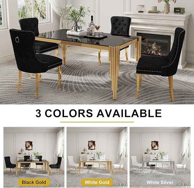 63'' Modern Glass Dining Table for 4-6 People,Black Tempered Glass Top Dining Room Table with Stainless Steel Base, Glass and Gold Dining Table for 6, Rectangle Dining Kitchen Table for Dinner