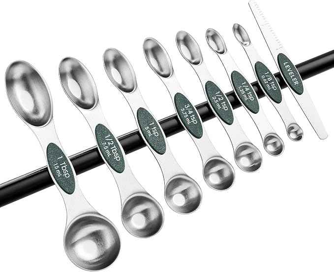 Spring Chef Stainless Steel Magnetic Measuring Spoons Set of 8 with Leveler, Stackable Magnetic Teaspoon & Tablespoon Set, Metal Kitchen Gadgets for Baking & Cooking, Fits in Spice Jars - Pine Green