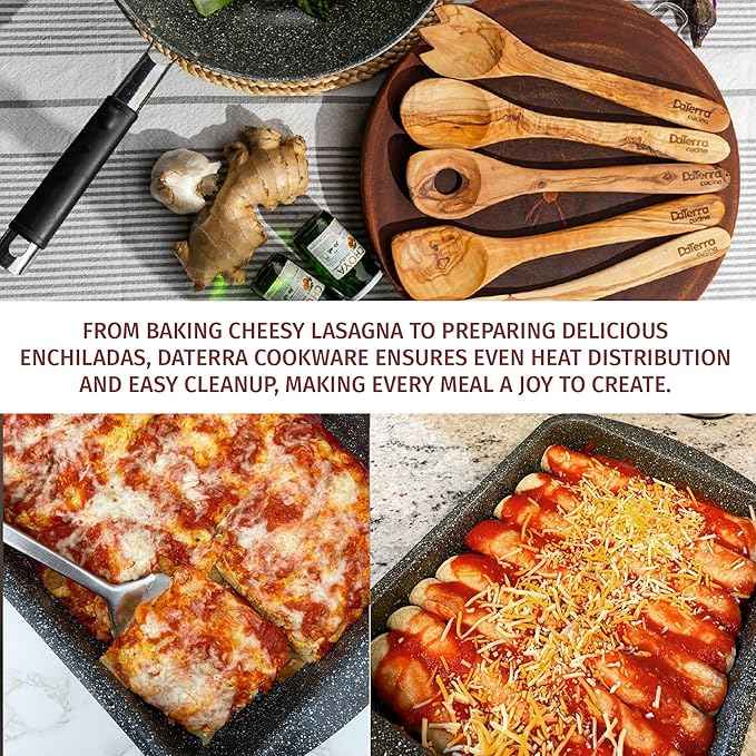 DaTerra Cucina Nonstick Italian Bundle – Roasting & Lasagna Pan, 11" Frying Pan with Lid, 5-Piece Olive Wood Cooking Utensils Set – Oven Safe, PTFE & PFOA Free - Made in Italy, Ceramic