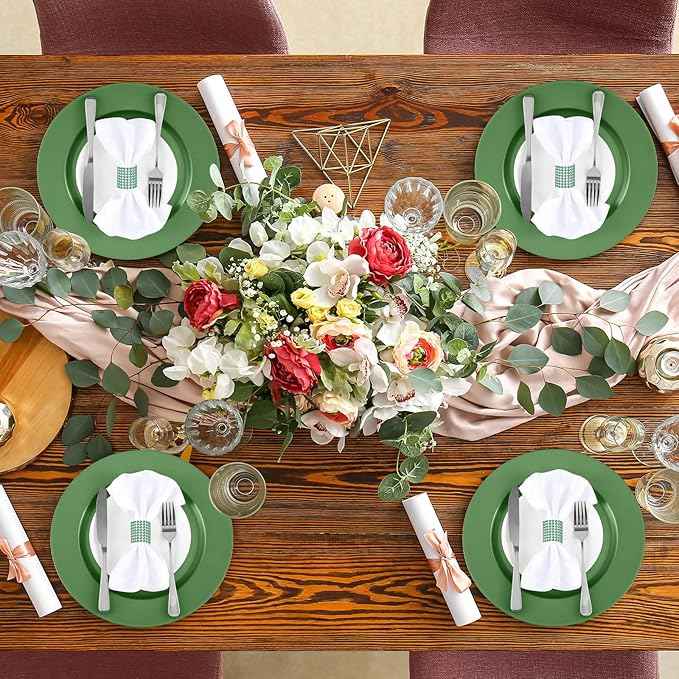 Tanlade 12 Pcs 13 Inch Charger Plates Bulk Round Wedding Chargers Plastic Dinner Plates for Table Setting Wedding Party Decoration (Green)