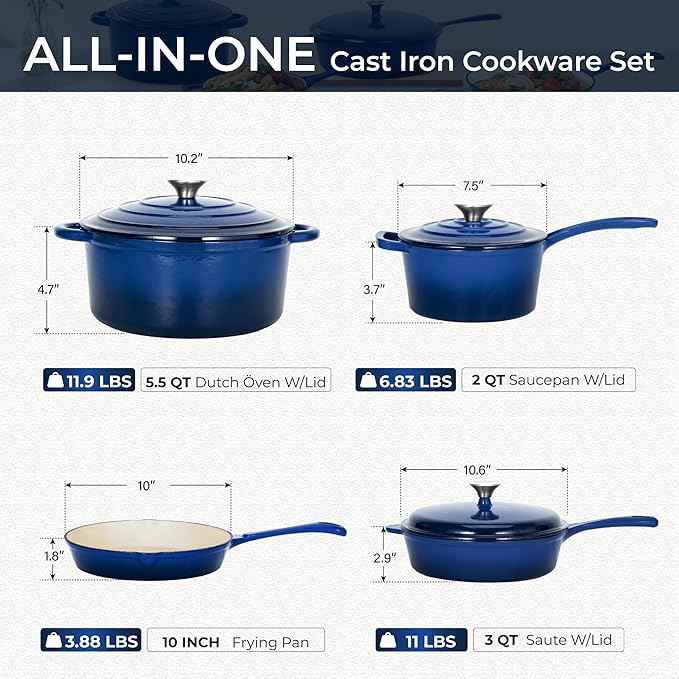 Kitchen Academy 7Pcs Enameled Cast Iron Cookware Sets - Non Toxic Pots and Pans Set, Blue Induction Dutch Oven Set, PFOA&PFAS Free