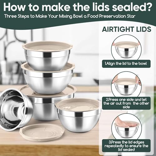 5 Piece Nesting Mixing Bowls with Lids (Khaki / 4.6, 3.5, 2.5, 2, 1.5QT)