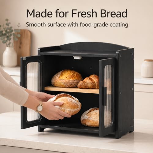 Premium Solid Wood Bread Box for Kitchen Countertop (Black)