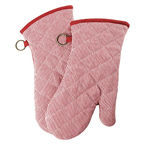 1 Pair Yarn Dyed Oven Mitts 100% Cotton Heat Resistant 470 Degree Gloves Men Women Cooking Baking Barbecue BBQ Microwave Crafting Machine Washable Pot Holders Mittens