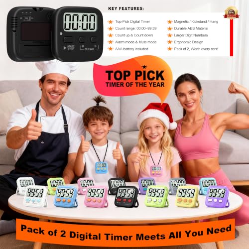 2 Pack Digital Timer for Kids Classroom Kitchen Timers for Cooking (2 * Rich Black)