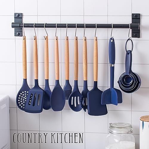 Non Stick Silicone Utensil Set with Rounded Wood Handles for Cooking and Baking (38 Piece Set / Navy)