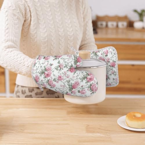 Oven Mitts Pot Holders Set Vintage Floral Silicone Kitchen Gloves Potholders Heat Resistant for Chef Baking Cooking Grilling BBQ 4 Pack Mitt (A0612)
